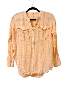 Free People Talk To Me Peach Crinkled Gauze Long Sleeve Tunic Top Size Small